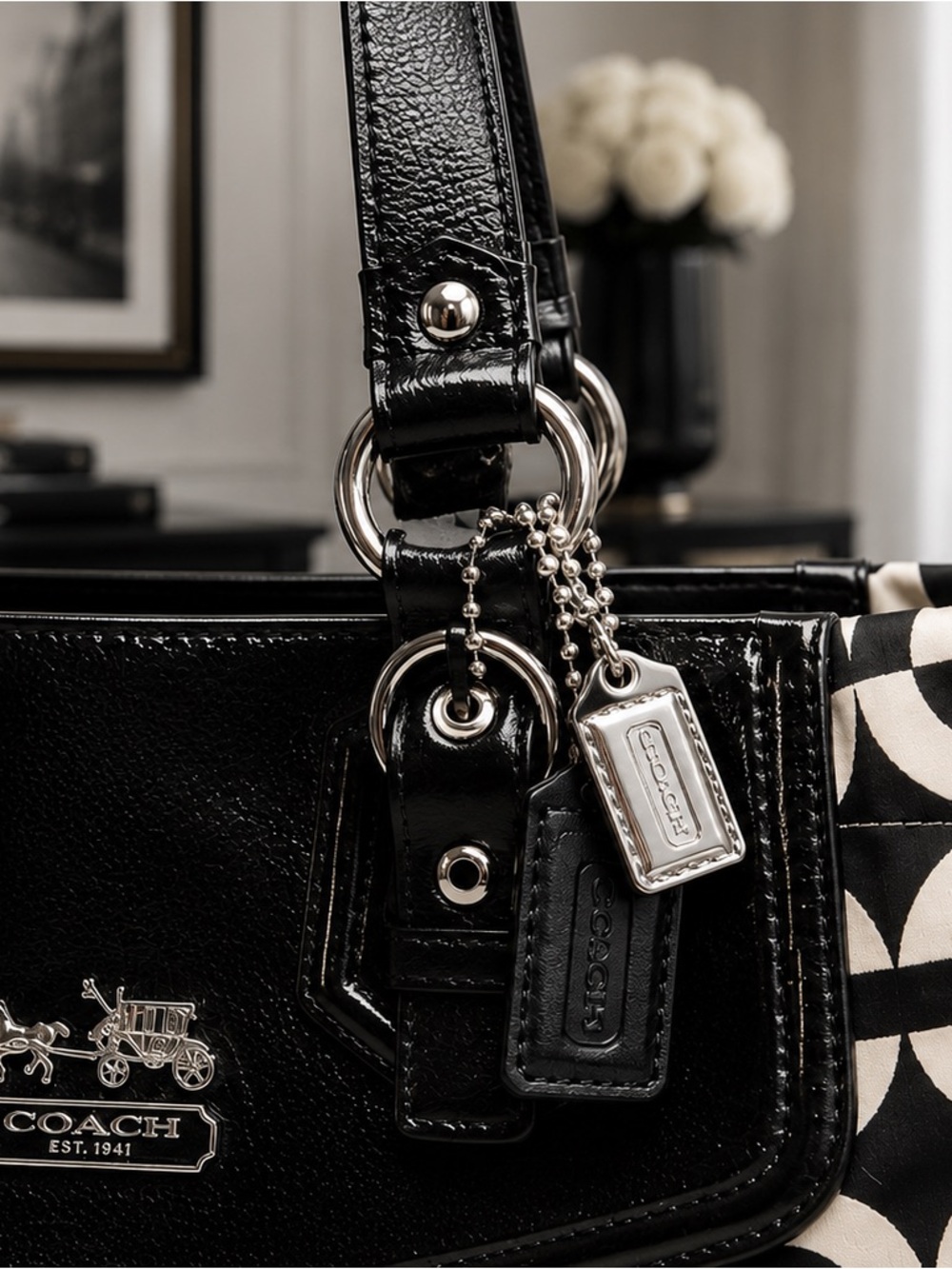 COACH Madison Op Art Carryall — Black & White Signature Patent Leather - Picture 2 of 7